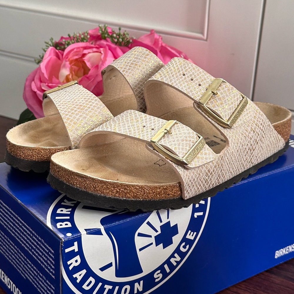 Birkenstock Arizona metallic python sandals, size 38